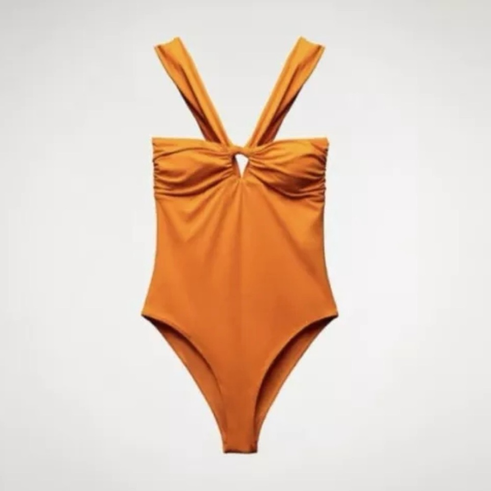 ZARA Halter Knotted Swimsuit Bathing Suit Sz M Orange NWT